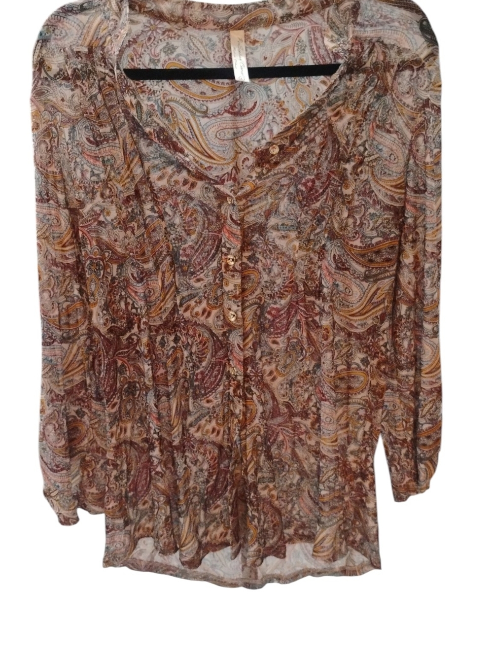 PerSeption Concept Paisley Button-Front Blouse in Brown & Cream Sheer SZ L